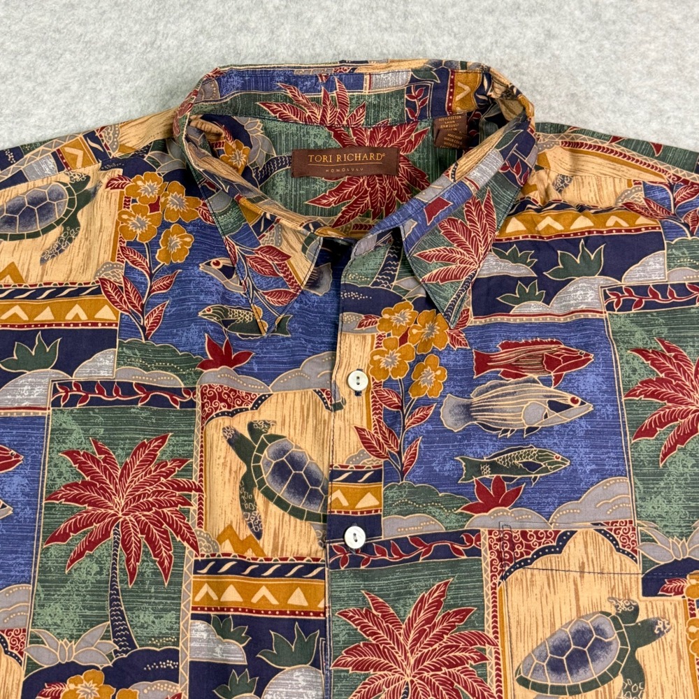 Tori Richard Mens 2XL Cotton Lawn Hawaiian Shirt Sea Turtle Fish Palm Tree Blue - Picture 3 of 12
